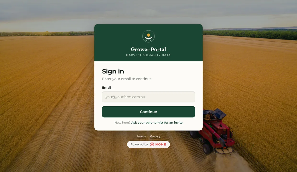 A grower portal sign-in screen over a harvest paddock, carrying the customer's own brand with a small 'Powered by Hone' mark below it